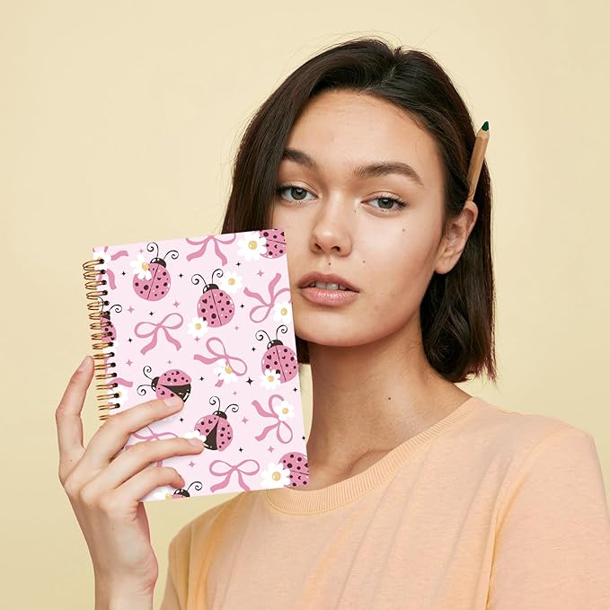 JXREQ Coquette Pink Bow Ladybug Floral Notebook Journal for Women Note Taking Study Writing, Preppy School Supplies, Pink Preppy Floral Spiral Notebooks 5.5x8.3