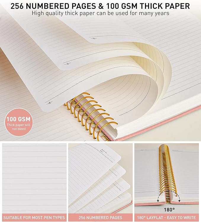 A4 Spiral Notebook Journal 8.5” x 11”, 256 Numbered Pages Hardcover Leather Journals for Women Men, Large Lined College Ruled Notebooks, 100GSM Thick Paper, Spiral Bound Journal for Work School, Pink