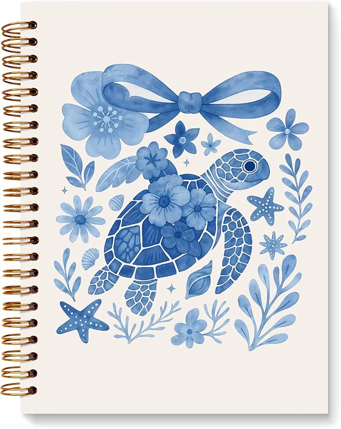 JXREQ Cute Blue Bow Sea Turtle Notebook Floral Journal Notebook for Women Note Taking Office School Supplise, Sea Turtle Gifts Journal for Women Turtles Lovers, Blue Spiral Notebooks 5.5x8.3