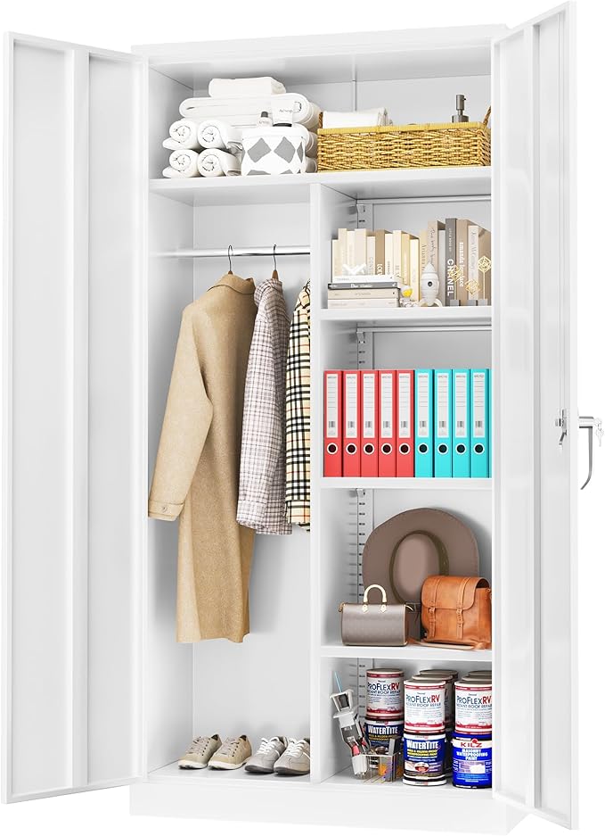 Greenvelly Metal Storage Cabinet Locker with Locking Doors,72" Metal Wardrobe Cabinet, Steel Storage Wardrobe with Hanging for Home Office, Garage, School, Gym(White 36" ×18")