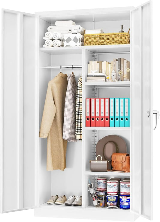 Greenvelly Metal Storage Cabinet Locker with Locking Doors,72" Metal Wardrobe Cabinet, Steel Storage Wardrobe with Hanging for Home Office, Garage, School, Gym(White 36" ×18")