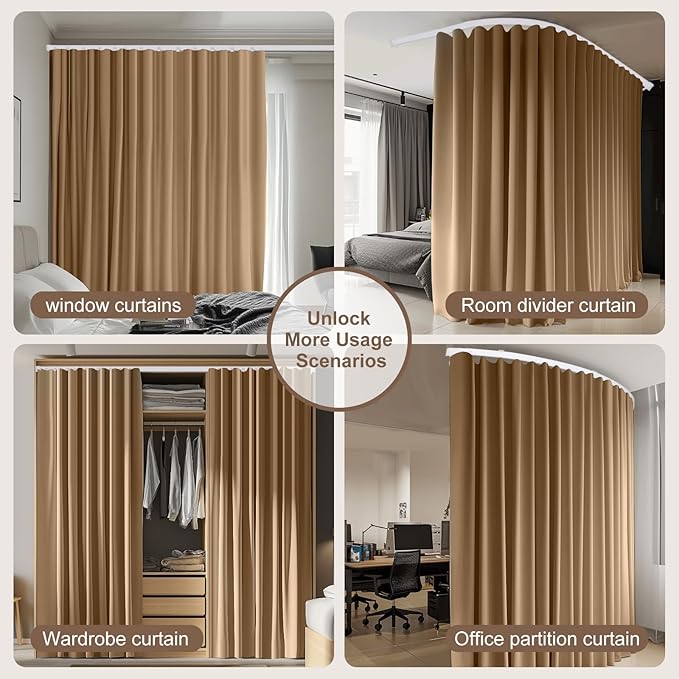 Room Divider Curtains & Flexible Bendable Tracks Set,Privacy Dividers Ceiling Track Curtain Window Blackout Curtains for Living Room Bedroom (W150 × H108 In 1 Panel Khaki Drape & White Rail)