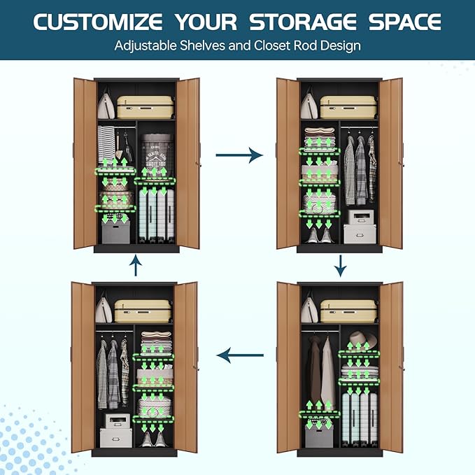 MIIIKO Metal Wardrobe Cabinet with Locking Doors, Metal Storage Armoire Closet for Clothing, 2 Door Woodgrain Locker Cabinet with Adjustable Shelves for Bedroom, Locker Room, Home Office and Garage…