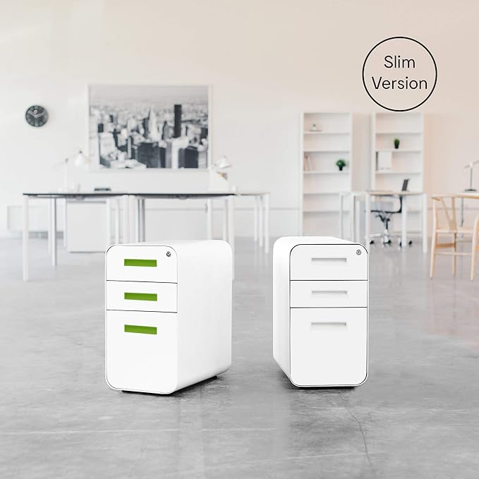 Laura Davidson Furniture Stockpile Slim 3-Drawer Mobile File Cabinet with Lock - Under Desk Metal Filing Cabinet, Legal/Letter File Folders, Wheels and Stationary Feet, Pre-Assembled, White