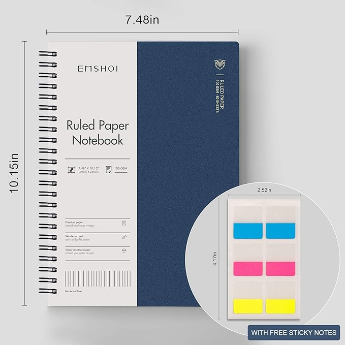 EMSHOI Lined Journal Spiral Notebook 7.48" x 10.15" - 3 Pack 480 Pages 100gsm Thick Paper, B5 Large Notebooks College Ruled, Plastic Hardcover Journals for Writing Women Men Work School Supplies