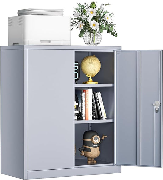INTERGREAT Metal Cabinet with Lock, Lockable Metal Storage Cabinets with Doors and Shelves for Garage, Cement Grey Locking Garage Storage Cabinets 36"×32"×16"