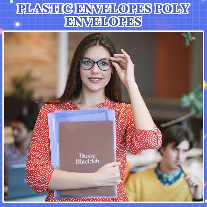 Yeaqee 50 Pcs Plastic Envelopes Poly Envelopes File Folders with Snap Button Closure Clear Folders for Documents US Letter A4 Size Filing Holder with Label Pocket for Home Office School(Blue)