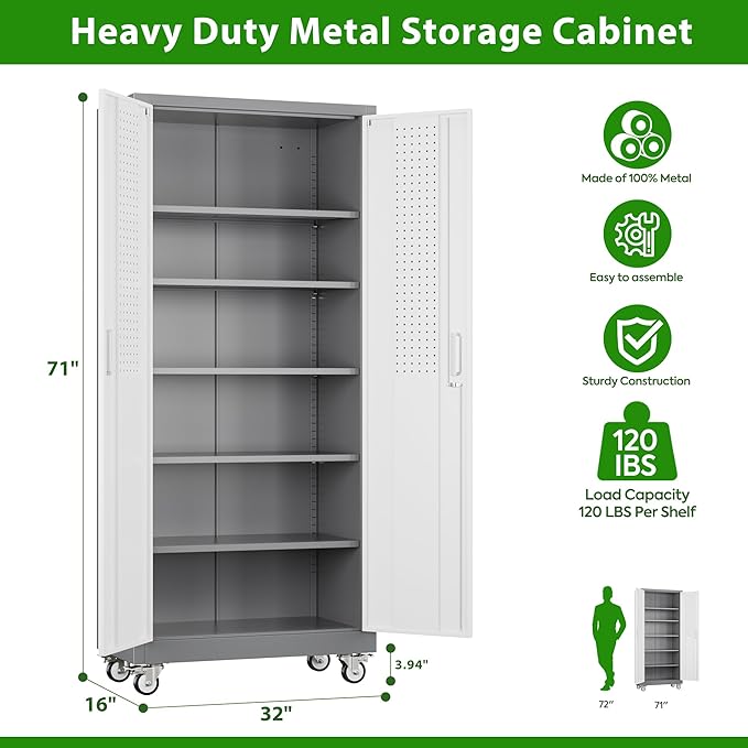 Aobabo Upgraded Garage Storage Cabinets with Wheels,Metal Storage Cabinets with 5 Adjustable Shelves for Garage Home Office Storage, Grey&White,71''H*32''W*16''D,Assembly Required
