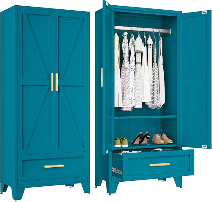 Metal Wardrobe Cabinet,71 Armoire Wardrobe Closet with Drawers and Hanging Rod,Metal Armoire with Adjustable Shelves for Closet,Bedroom,Farmhouse Storage Cabinet with Drawer(Blue)
