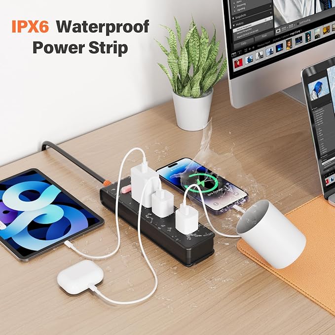 Outdoor Power Strip Weatherproof, Surge Protector with 3 Wide Outlets, 1875W/15A Overload Protection Switch,6FT Flat Plug Multi-Plug Outdoor Extension Cord for Indoor Outdoor, UL FCC Listed