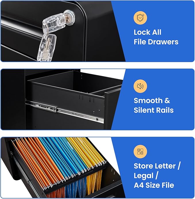 MIIIKO Mobile Filing Cabinet 3 Drawer, Rolling Small File Cabinet with Keys Under Desk, Modern Black Filing Cabinets for Home Office with Anti-tilt Wheels, A4/Letter/Legal Hanging File Drawers