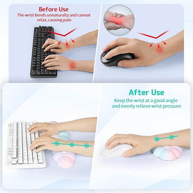 Cloud Wrist Rest Keyboard, Cloud Palm Rest Set with PU Leather Memory Foam, Cute Keyboard Rest for Wrist Support and Arm Rest, Desk Cloud Wrist Pad for PC/Gaming/Hand Cushion/Computer-Rainbow