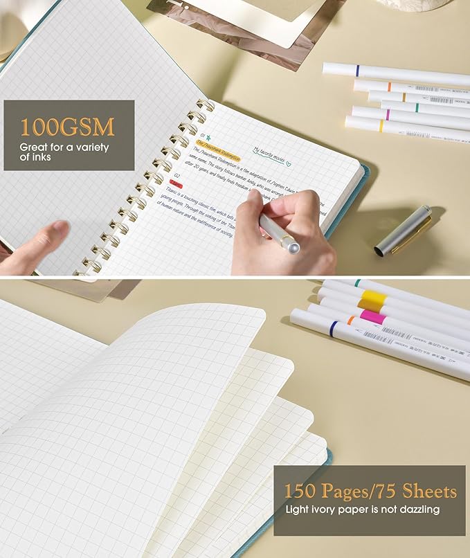 Graph Spiral Journal Notebook, A5 Hardcover Spiral Journals for Women Men, 100 GSM Graph Paper Notebooks, 150 Pages Spiral Bound Grid Notebook for Writing Note Taking Work 5.75" x 8.38", Misty Blue