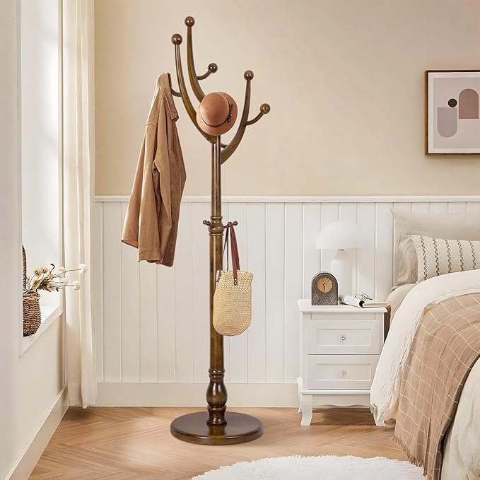 Wood Coat Rack Coat Tree Freestanding with Hooks, Heavy Duty Standing Coat Rack with Solid Round Base, 74” Tree Shaped Coat Hanger Stand for Clothes, Hat, Jacket, Entryway Bedroom, Walnut
