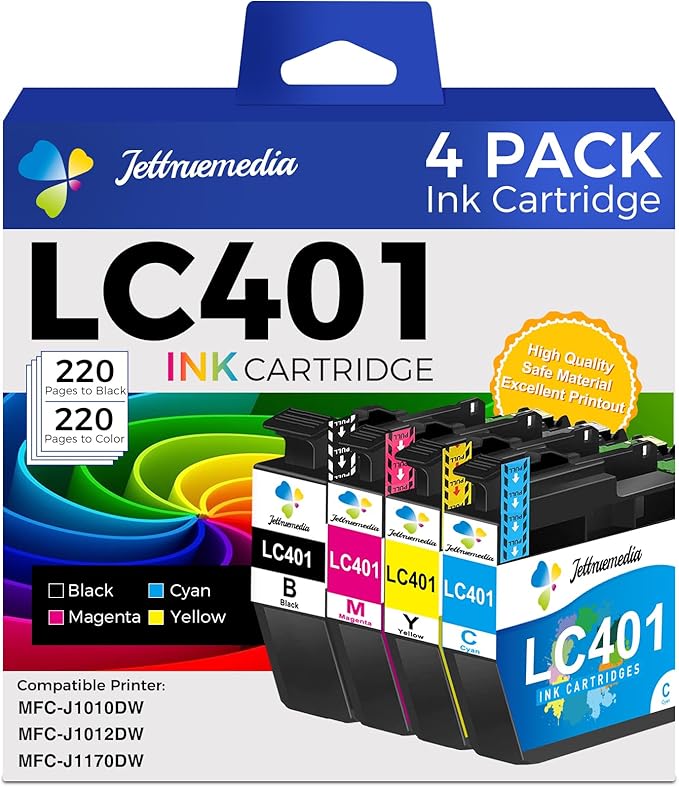 LC401 Ink Cartridges Compatible for Brother LC401XL LC 401 Ink Cartridges Work with Brother MFC-J1010DW MFC-J1012DW MFC-J1170DW Printer (4-Pack, Black, Cyan, Magenta, Yellow)