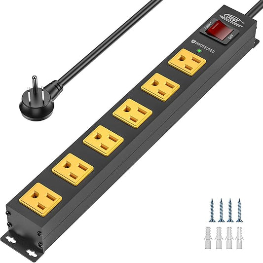 CRST 6 Outlet Surge Protector Power Strip 2100J with Switch, 15A/1875W Metal Heavy Duty Power Strip, Wide Spaced Wall Mount Power Bar for Garage Worshop Home School, 6 FT Cord( Black+Yellow)