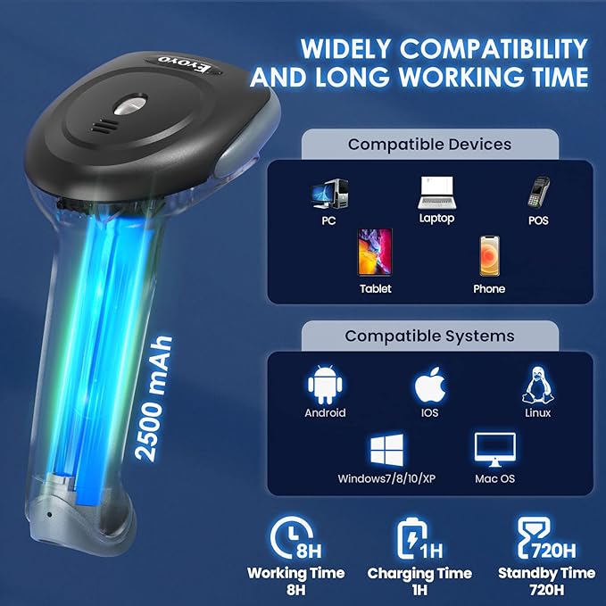 Eyoyo 2D 1D Wireless Barcode Scanner with Stand, 3-in-1 Barcode Reader 2.4G Wireless & Bluetooth & Wired USB Connection, Handheld QR Code Scanner for iPhone, Mac, Android, Store, Warehouse, Library