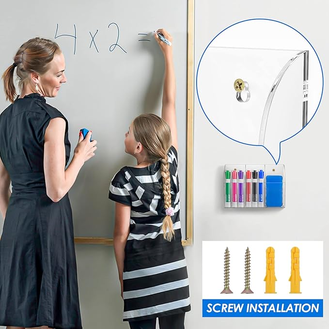 MaxGear Wall Marker Holder, 3 Compartments Desk Acrylic Organizer for Remotes, Pens, Makeup, Markers, Clear Remote Control Holder for Whiteboard Accessories-7.8'' x 1.6'' x 5.5''
