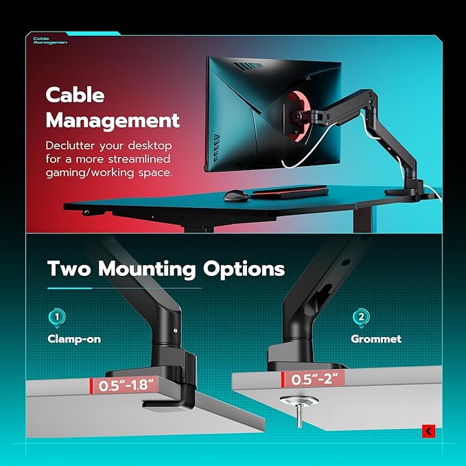 ARES WING Ultrawide Monitor Arm for 17 to 49 Inch Heavy Duty Curved Screen, Holds 44 Lbs, Adjustable Gas Spring Monitor Arm Desk Mount with C Clamp, Grommet Base, 75/100 Vesa Mount, Black