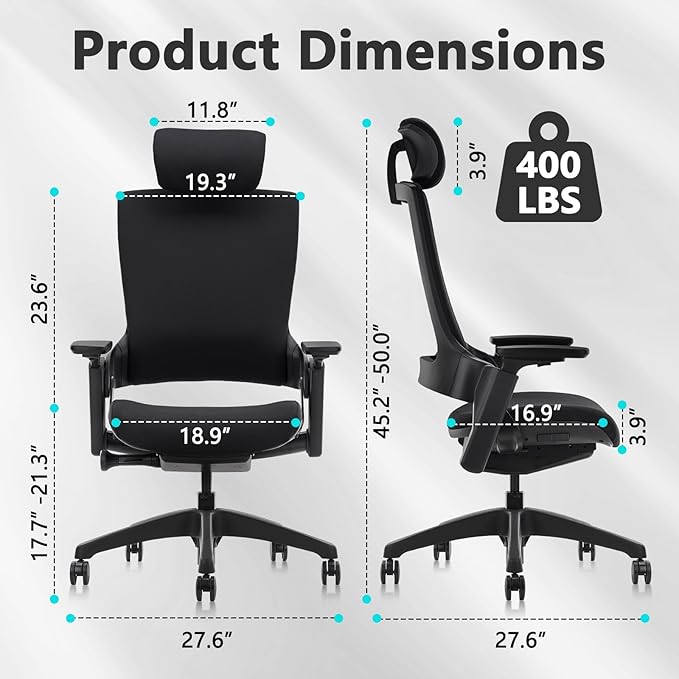 CLATINA Ergonomic High Swivel Executive Chair with Adjustable Height Head 3D Arm Rest Lumbar Support and Upholstered Back for Home Office Studio, Black Fabric, 2 Pack