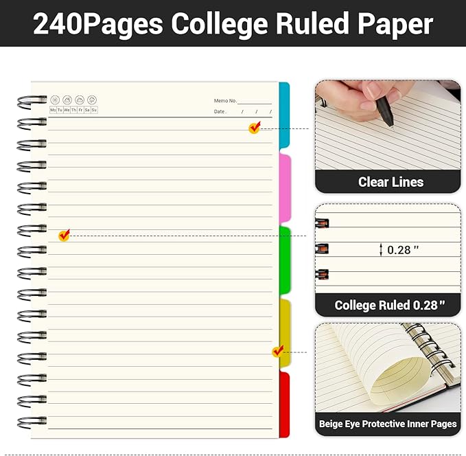 EUSOAR Notebook with Dividers, 1 Pack A5 5.5"x 8.3", 5 Subject, Hardcover College Ruled Paper 100gsm Thick, 120 Sheets/ 240 Pages, Notebooks & Writing Pads for Travelers School Office Business Gift