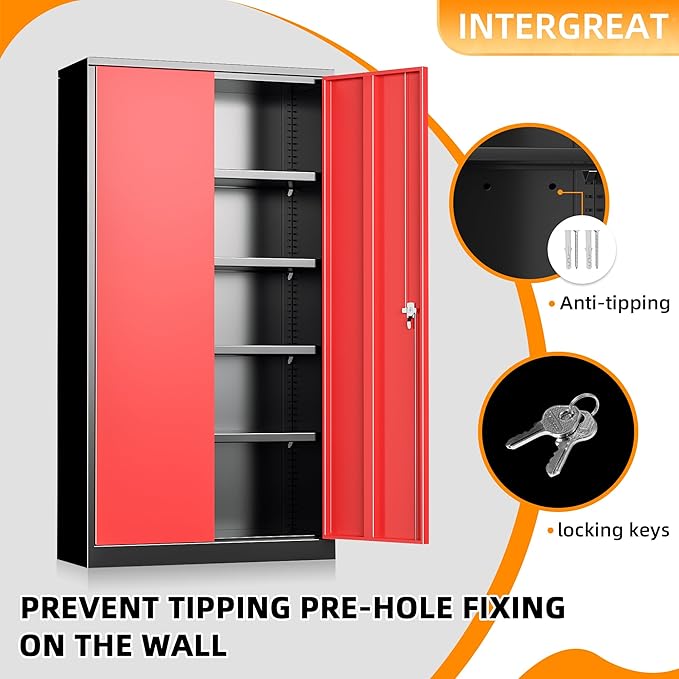 INTERGREAT Garage Storage Cabinet with Lockable Door, 72" H Metal Locking Cabinets with 4 Adjustable Shelves,Black Red Steel Cabinets Storage for Home Office, Warehouse,School