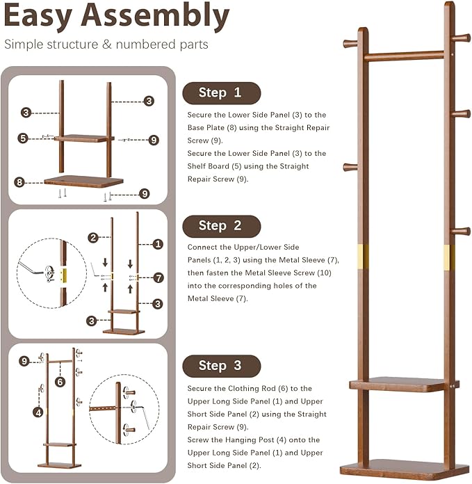Solid Wood Coat Rack, Coat Rack Freestanding with 2 Shelves and 5 Hooks, Heavy Duty Coat Tree for Entryway,Living room,Coat Hanger Stand for Hats, Bags (Walnut Brown)