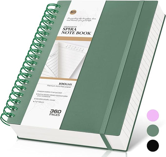 Spiral Notebook Journal, 360 Pages College Ruled Notebooks, Lined Thick Journals for Women Men,B5 Big Spiral Notebooks with 100GSM Paper, Spiral Bound Journal for Writing Work School Green 7.6"×10"