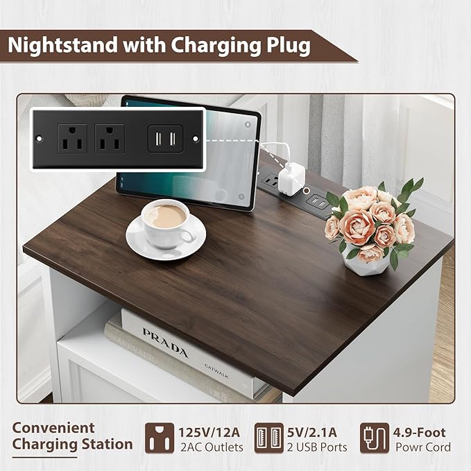 Nightstand with Charging Station, Farmhouse End Table with 2 Drawers Storage, Space-Saving Wood Storage Cabinet with Unique Base Design, Bedside Table for Bedroom, Living Room, White