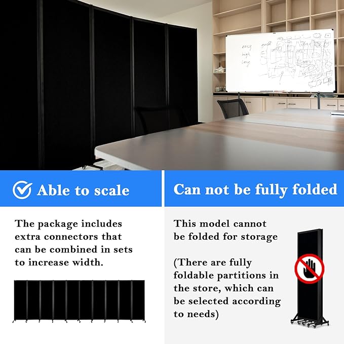 Upgrade Version Room Partition and Divider, Freestanding Rolling Dividers with Wheels,Office Privacy Screen Divider Wall,Classroom Felt Dividers,12'2"L* 6'7"H,6 Panel,Black