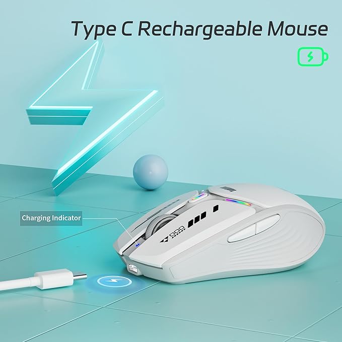 Uciefy V19 Wireless Mouse, 2.4GHz Rechargeable Mouse LED with Battery Indicator, Magnetic Computer Mice with USB Receiver & Type-C Adapter for Laptop/PC/Mac/Chromebook-White