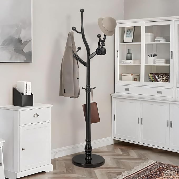 Wood Coat Rack Coat Tree Freestanding with Hooks, Heavy Duty Standing Coat Rack with Solid Round Base, 74” Tree Shaped Coat Hanger Stand for Clothes, Hat, Jacket, Entryway Bedroom, Balck