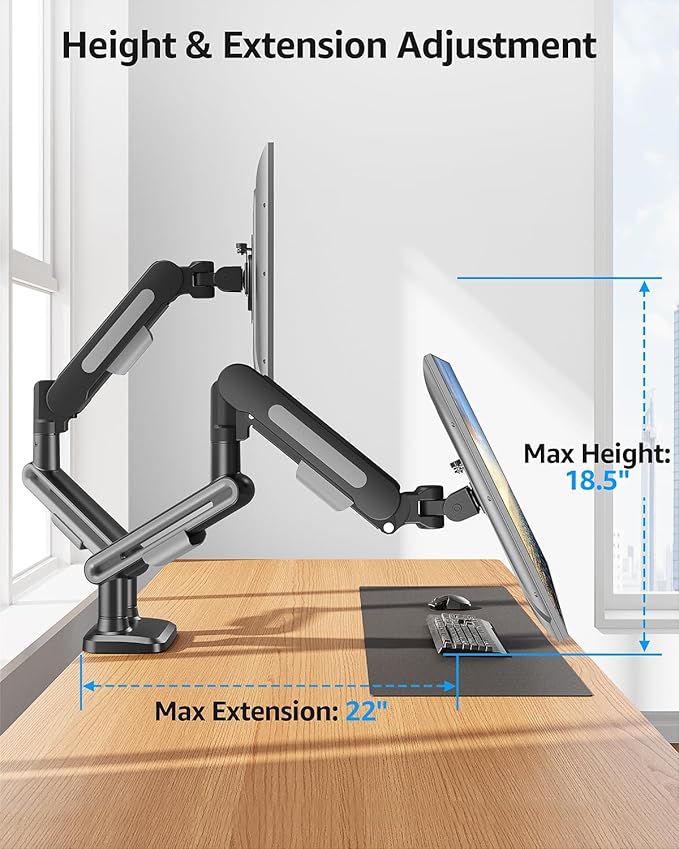 MOUNTUP Dual Monitor Mount Holds 4.4-26.5lbs, Heavy Duty Monitors Arm for 39 37 34 32 27inch, Gas Spring Monitor Stand for 2 Monitor, Height Adjustable Monitors Desk Mount with C-Clamp&Grommet Base