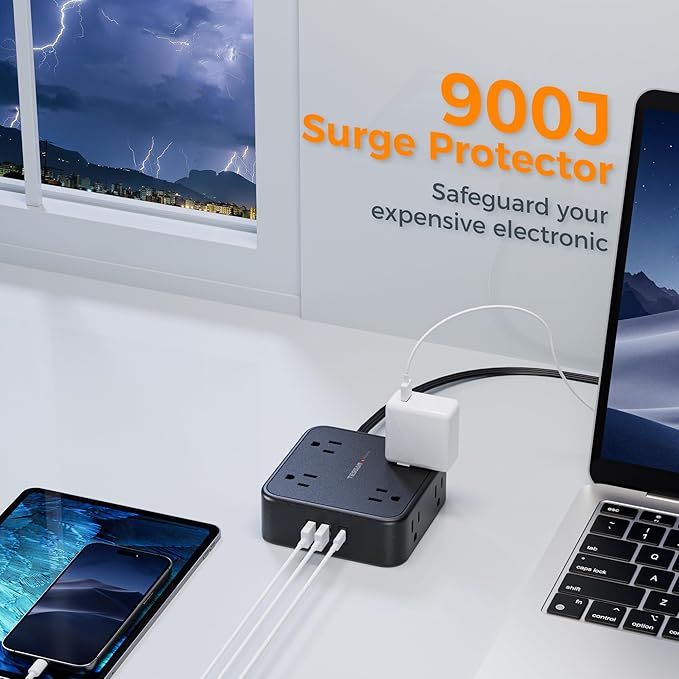 Surge Protector Flat Plug Power Strip, TESSAN Black Extension Cord, 8 AC Outlets, 3 USB Charger(1 USB C Port) 3 Side Outlet Extender, 5 Ft, 900 Joules Protection, Office Supplies, Dorm Essentials