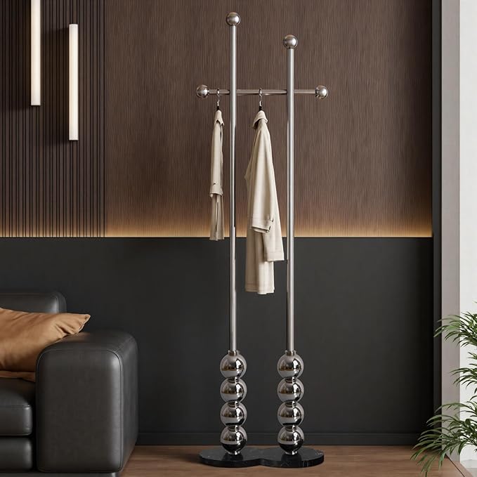 Metal Freestanding Coat Rack with Stainless Steel Double Rods & Marble Base, Hanging Clothes Rack for Entryway, Hallway, Bedroom, Living Room, Sliver