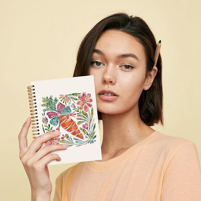 JXREQ Cute Carrot Bow Floral Notebook Botanical Journal Notebooks for Note Taking Writing, Pretty Carrots Journal for Women, Aesthetic Office Supplies, Spiral Notebooks 5.5x8.3