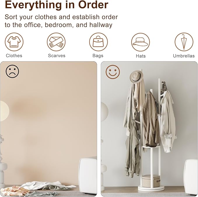 Solid Wood Rotary Coat Rack, Freestanding Coat Rack with 3 Shelves and 9 Hooks, Coat tree for Bedroom, Entryway, Livingroom, Coat Hanger Stand for Coats, Scarves, Handbags (White)