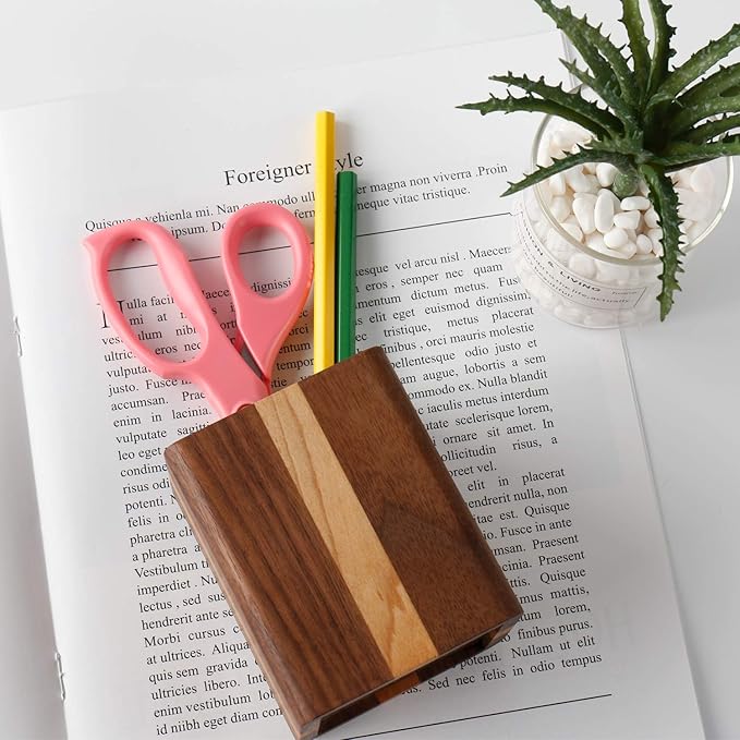 Walnut Pencil Holder Wood Pen Holder For Desk Pen Cup Organizer Ofiice Pencil Stand Simple(Cherry center walnut side)