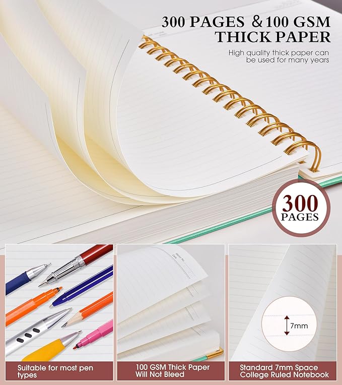 Spiral Notebook Journal 7.6” x 10”, 300 Pages Hardcover Leather Lined Journals for Women Men, B5 Large College Ruled Notebooks with 100 GSM Thick Paper, Spiral Journal for Writing Work School, Teal