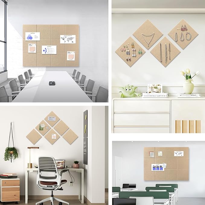 Large Cork Board for Office Wall Decor,48"x36"-12 Pack Felt Wall Tiles with Safe Removable Adhesive Tabs, 1/2" Thick, Felt Bulletin Board Pin Board Cork Boards for Walls - Tan