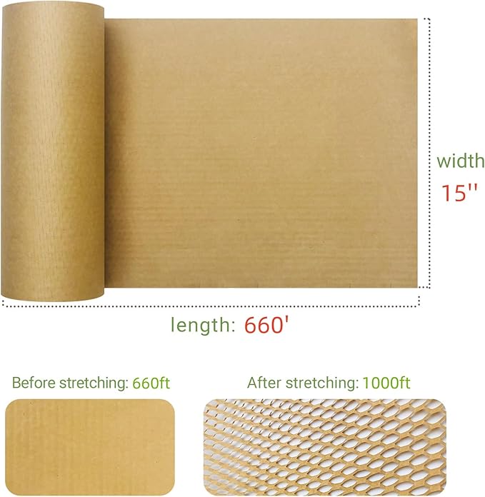 Dish Packing Kit Moving Supplies 15" x660' Honeycomb Wrapping Paper, Large Recyclable Expandable Bubble Cushion Wrap Roll Packing Material for Fragile Items Breakables Plate Glassware Bottle, 80GSM