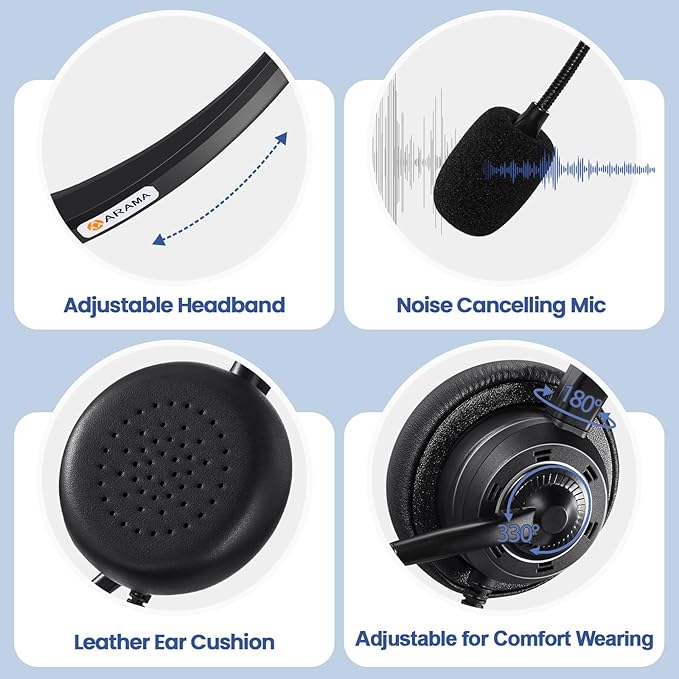 Arama USB Headset with Microphone for PC Laptop, On-Ear Wired Computer Headset with Noise Cancelling Mic & in-line Control for Home Office Call Center Online Class Skype Zoom(A202USB)