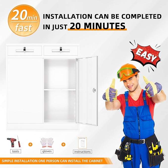 INTERGREAT Metal Cabinets with Drawers,White Metal Storage Cabinets with Doors and Shelves for Garage,Locking Garage Storage Cabinets Drawer 42"×36"×18"