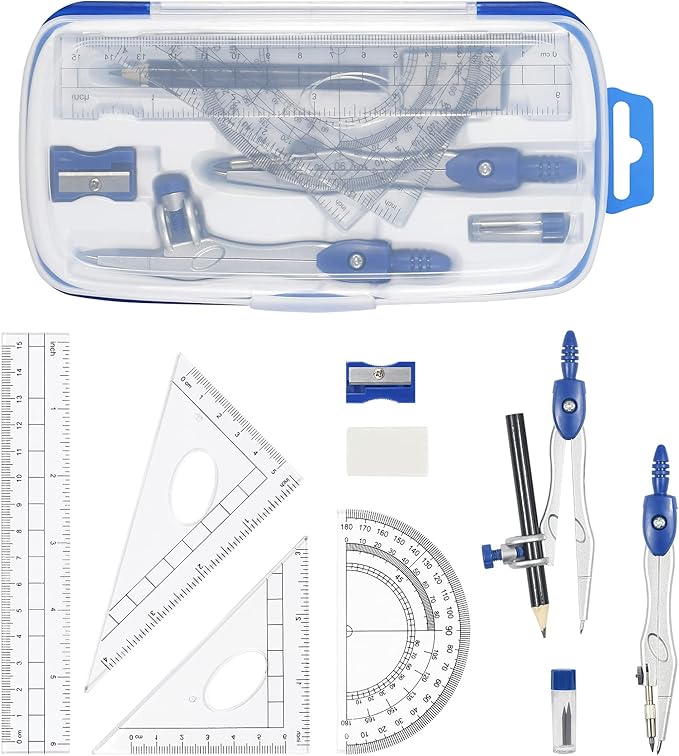 Math Geometry Kit Sets 10 Piece Student Supplies with Shatterproof Storage Box,Includes Rulers,Protractor,Compass,Eraser,Pencil Sharpener,Lead Refills,Pencil,for Drafting(Navy Blue)