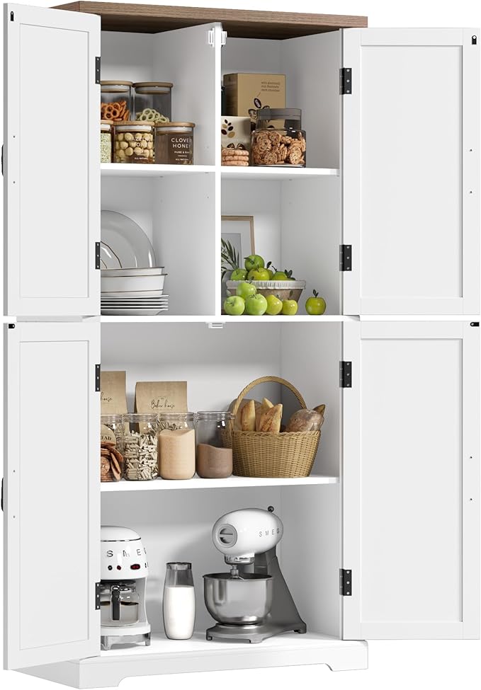 HOSTACK 64" Tall Pantry Cabinet, Modern Farmhouse Kitchen Pantry, Wood Bathroom Storage Cabinet, Large Bookcase, 4 Doors|Adjustable Shelves, for Dining Room, Living Room, Home Office, White