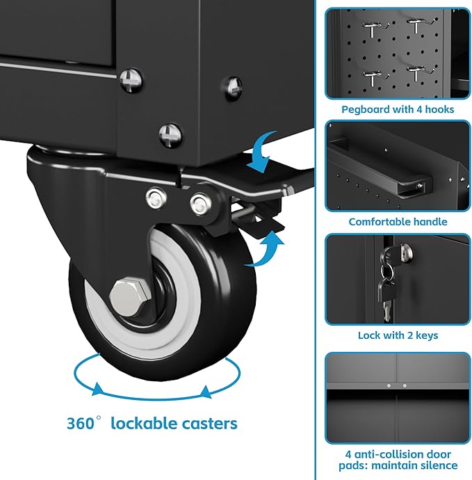 Aobabo 34.3" H Garage Storage Cabinet with Wheels,Lockable Metal Storage Cabinet with 2 Doors for Garage Home Office Storage,Black,Assembly Required