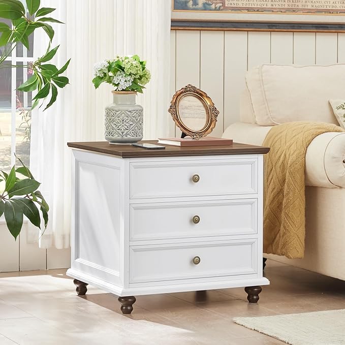 24" Wide Farmhouse Night Stand,Large End Table with 3 Drawers & Metal Handle,White Wood Dresser for Bedroom Cabinet, Bed Side Tabl·e Chest of Drawers,Nightstand for Living Room,Close