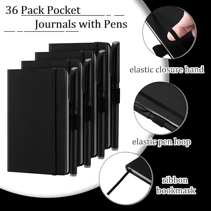 Laumoi 36 Sets Pocket Notebook Journals with Pens A6 Cute Small Journal Notebook Ruled Lined Mini Notepad Hardcover Executive Notebooks Set with Pen Holder for School Office, 3.7 x 5.7 Inch (Black)