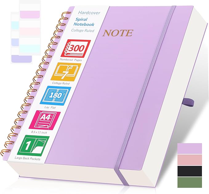 Spiral Notebook, 8.5” x 11” Notebooks for Work, 300 Numbered Pages College Ruled Notebook, Large Notebook for School with 24 Tabs, A4 Notebook Journal for Women Men, Thick Paper, Back Pocket, Purple