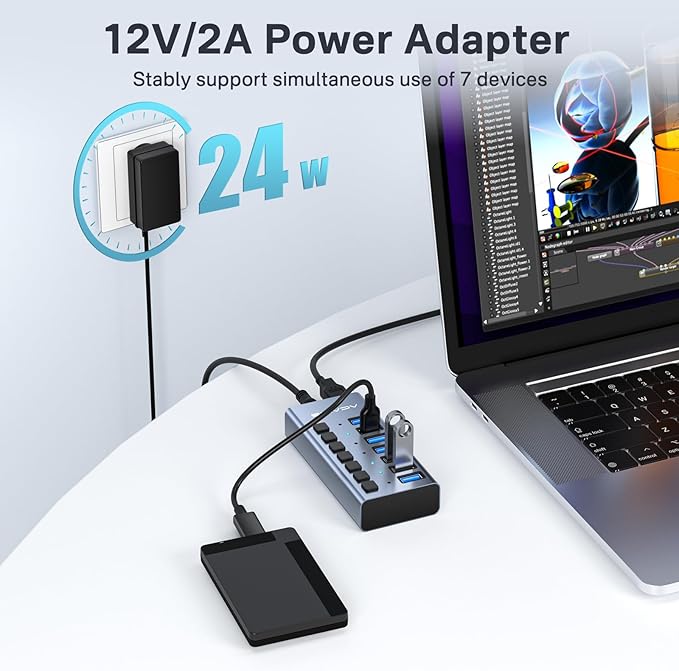 Powered USB 3.1 Hub, ACASIS 7 Ports USB 3.1 Hub with 10Gbps Data Speed,Aluminum Housing, USB Hub Powered with 24W Power Adapter, USB Hub for PC/Laptop, Computer, Flash Drive, Printer, Camera